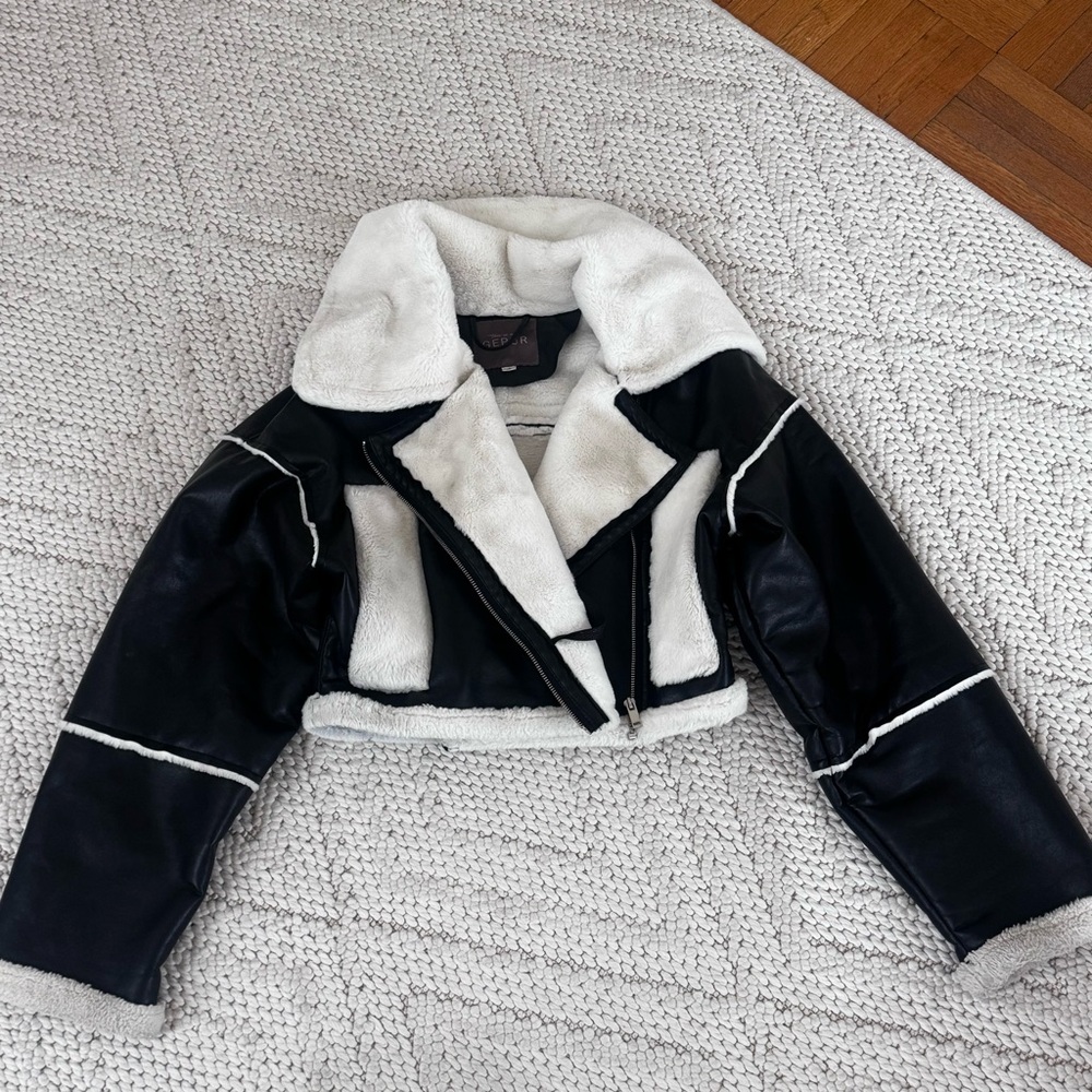 Jacquemus Black and White Cropped Shearling Leather Jacket